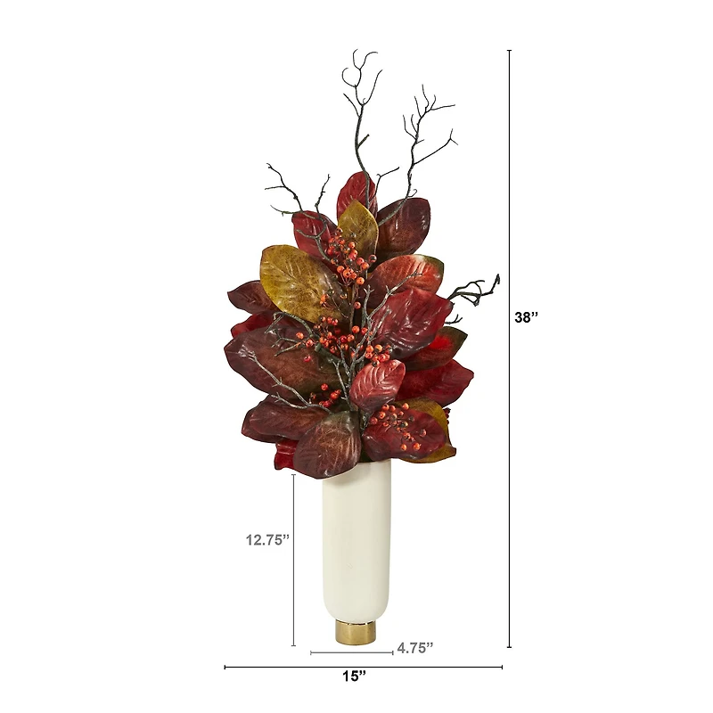 3ft. Autumn Magnolia Leaf & Berries in White Planter
