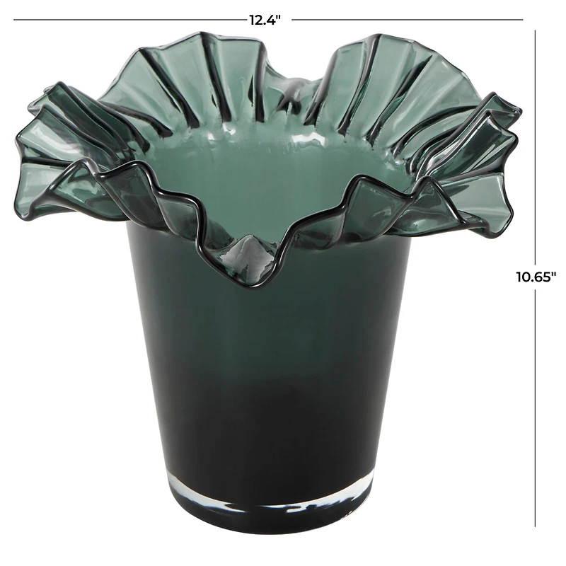 Green Glass Floral Tulip Inspired Ombre Vase with Wavy Opening