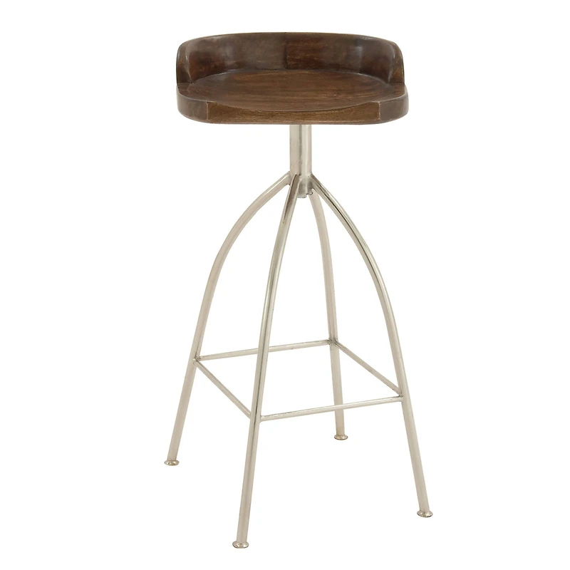 Brown Iron and Wood Contemporary Bar Stool, 33" x 16" x 12"