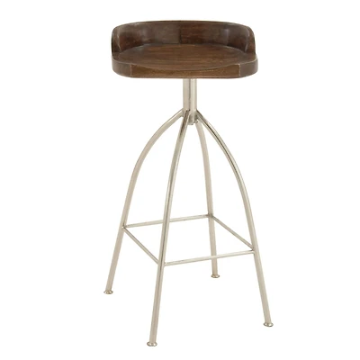 Brown Iron and Wood Contemporary Bar Stool, 33" x 16" x 12"