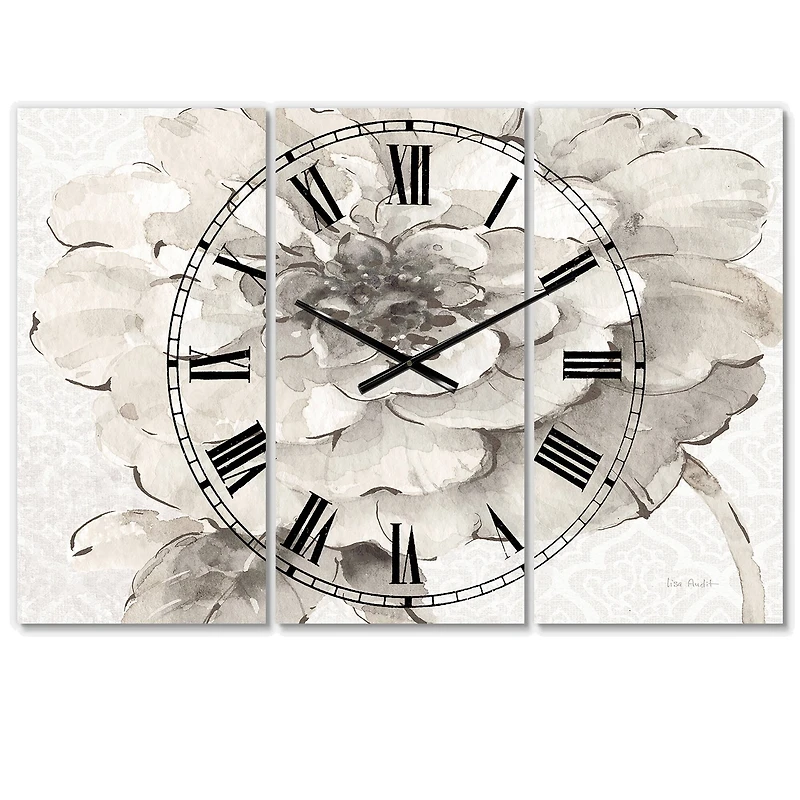 Designart Indigold Gray Peonies I Traditional 3 Panel Wall Clock
