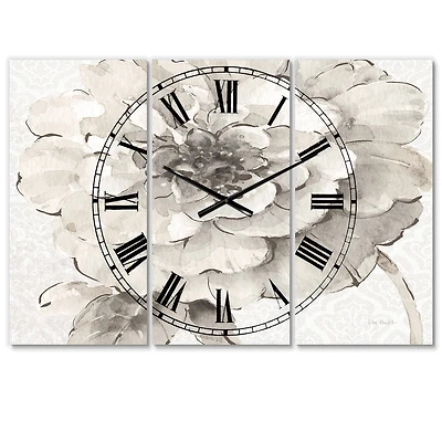 Designart Indigold Gray Peonies I Traditional 3 Panel Wall Clock