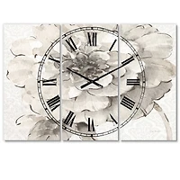 Designart Indigold Gray Peonies I Traditional 3 Panel Wall Clock