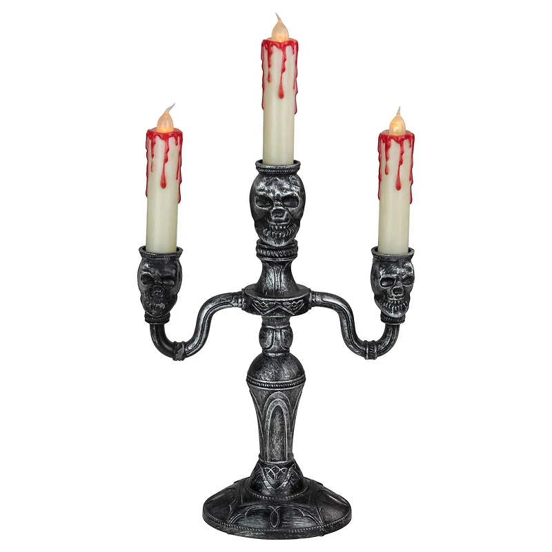 14" Antique Silver Skull Trio Halloween Candelabra Décor