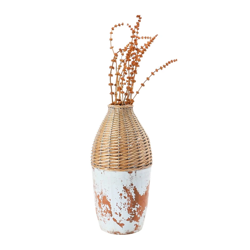 Hello Honey® 16.5" Distressed White Hand-Woven Rattan & Clay Vase