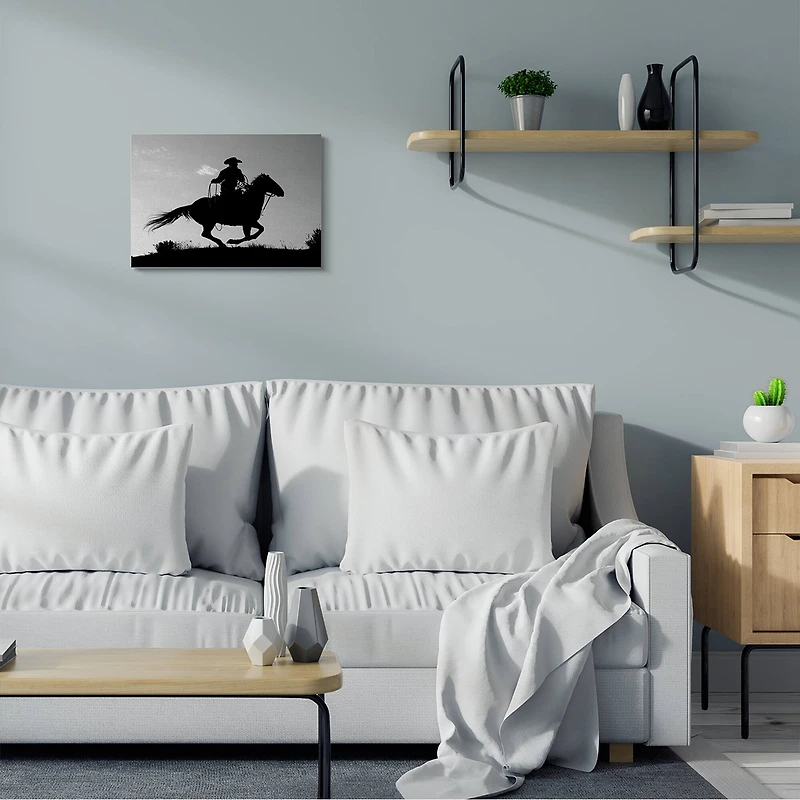Stupell Industries Southwestern Cowboy Silhouette Black White Horse Canvas Wall Art