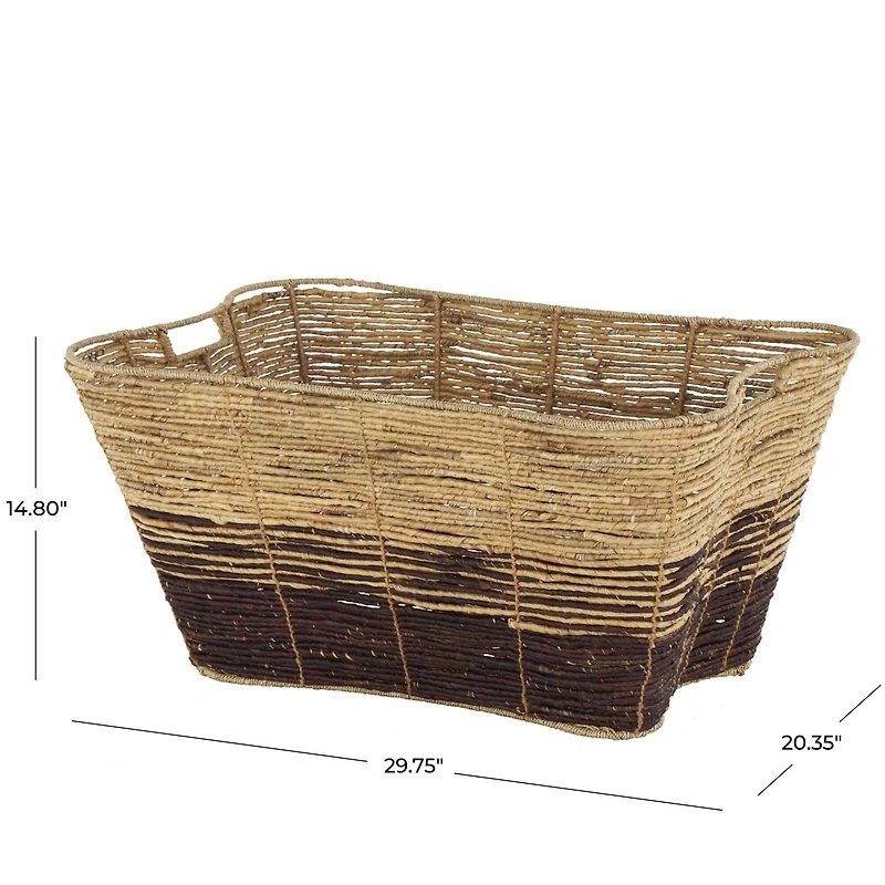 30" Brown Seagrass Handmade Oversized Color Block Storage Basket with Slot Handles