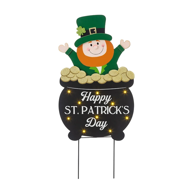 Glitzhome® 24" Lighted St. Patrick's Wooden Leprechaun Pot of Gold Décor