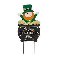 Glitzhome® 24" Lighted St. Patrick's Wooden Leprechaun Pot of Gold Décor