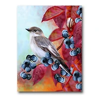 Designart - Little Gray Bird On Red Autumn On Blueberry Twig