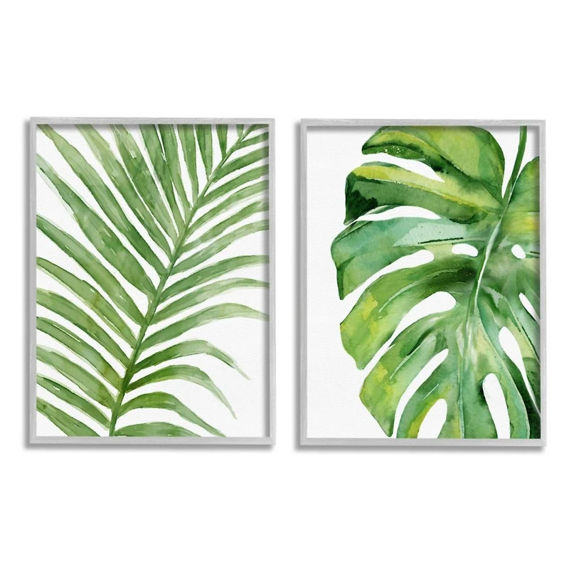 Stupell Industries Tropical Green Palms on Minimal White Background Gray Framed Wall Art