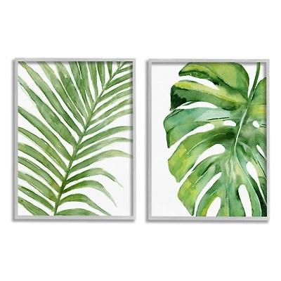 Stupell Industries Tropical Green Palms on Minimal White Background Gray Framed Wall Art