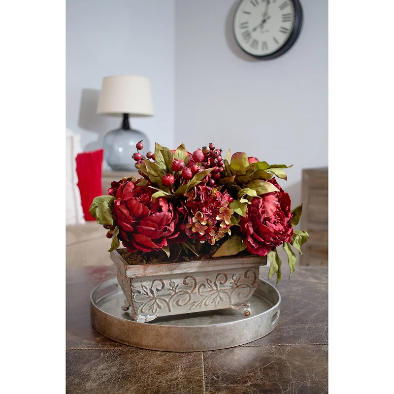 18" Red Peony & Hydrangea Arrangement in Decorative Planter