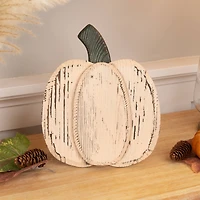 10.5" Small White Wooden Fall Harvest Pumpkin with Stem