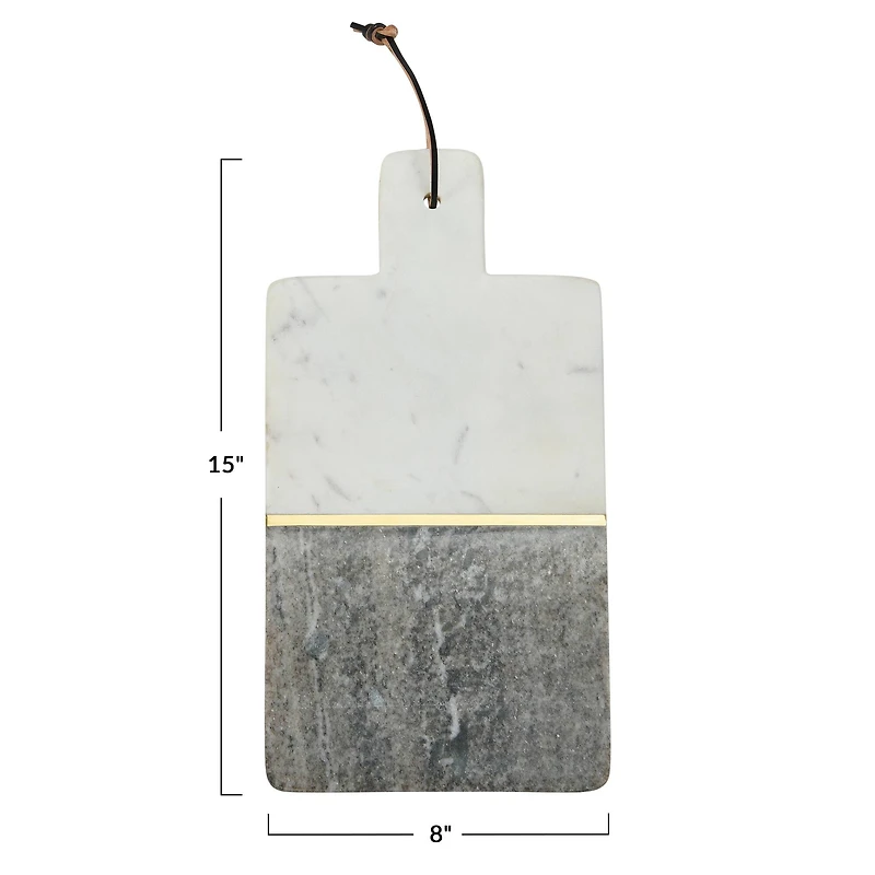 Hello Honey® 15" Gray and White Boho 2-Tone Marble Charcuterie or Cutting Board with Brass Inlay and Leather Tie