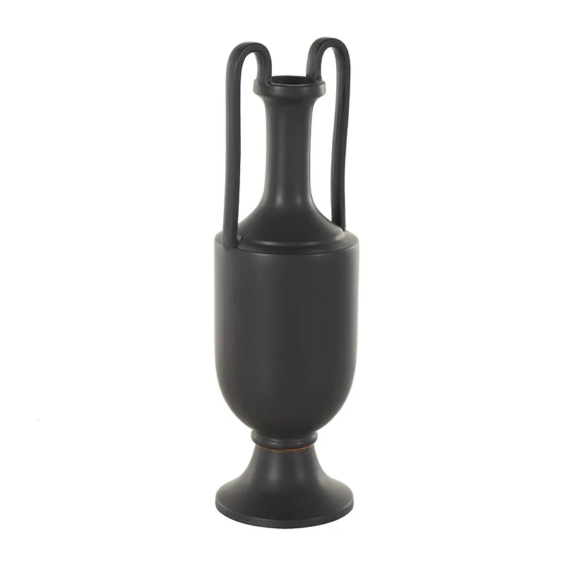 20.25" Black Ceramic Fluted Urn Shaped Vase with Arch Handles