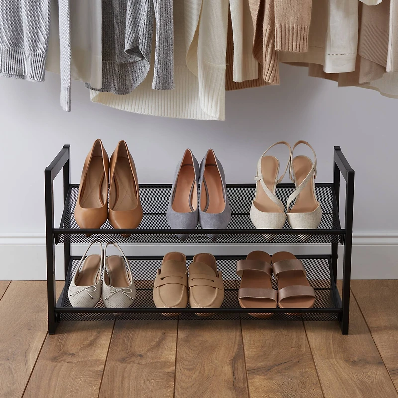 Organize It All 30" Black 2 Tier Adjustable Mesh Shoe Rack