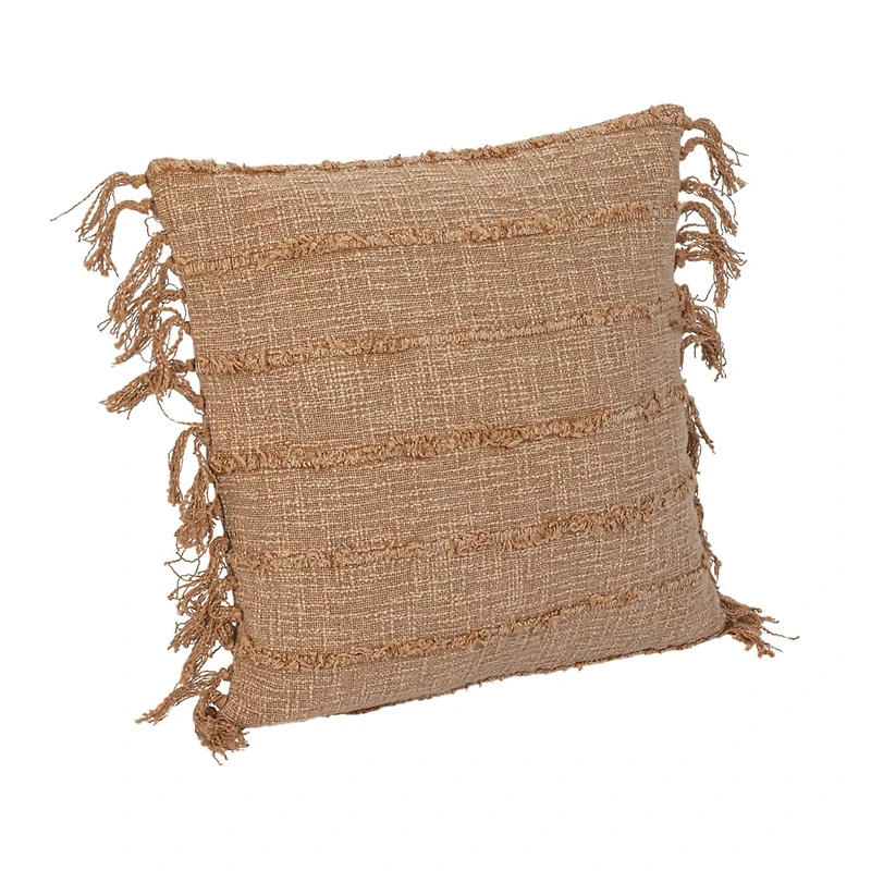 Hello Honey® 18" Beige Stonewashed Woven Cotton Slub Pillow with Pom Pom Trim & Fringe