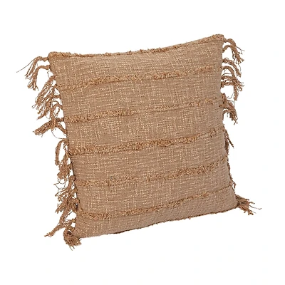 Hello Honey® 18" Beige Stonewashed Woven Cotton Slub Pillow with Pom Pom Trim & Fringe