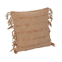 Hello Honey® 18" Beige Stonewashed Woven Cotton Slub Pillow with Pom Pom Trim & Fringe