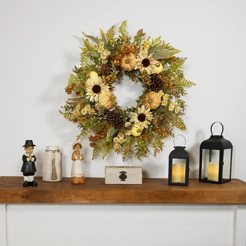 28" White Sunflowers & Pumpkins Fall Harvest Wreath