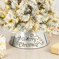 Glitzhome® Silver 22" LED Merry Christmas Cutout Metal Tree Collar