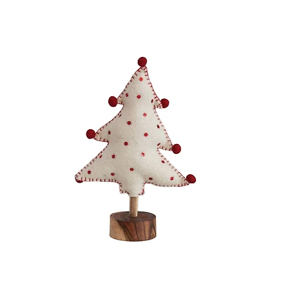 Hello Honey® 10" White & Red Handmade Wool Felt Tree with Sequins, Pom Poms & Wood Base