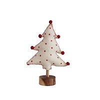 Hello Honey® 10" White & Red Handmade Wool Felt Tree with Sequins, Pom Poms & Wood Base