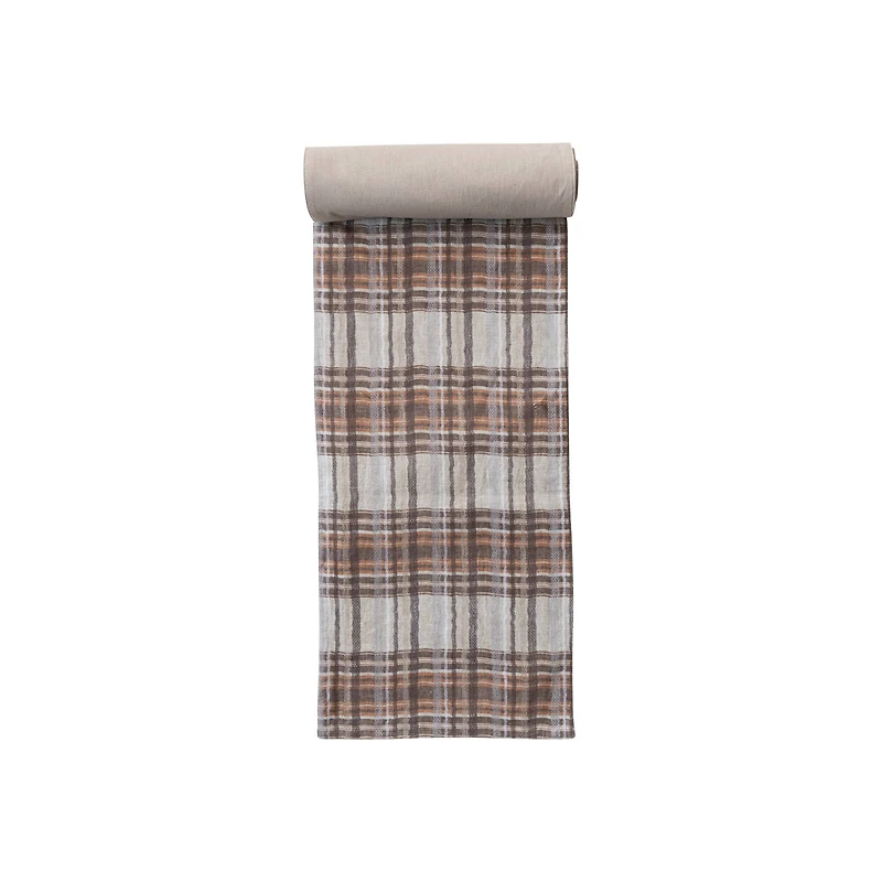 Hello Honey 108" x 14" Cream, Brown & Orange Plaid Woven Cotton Table Runner