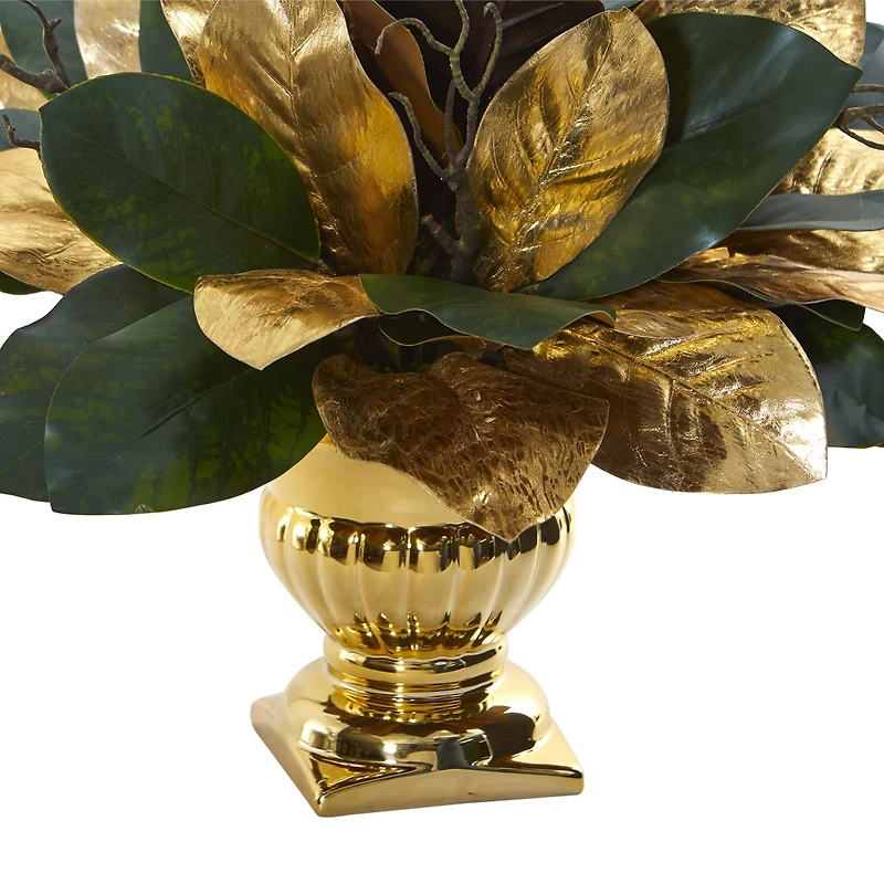 18" Magnolia Leaf Arrangement in Gold Planter