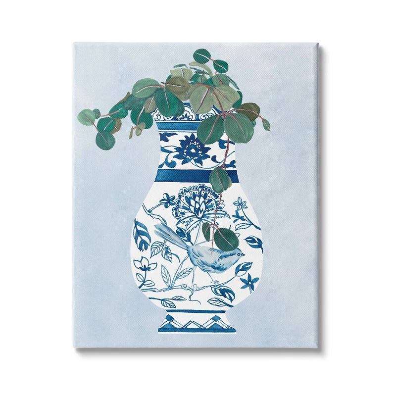 Stupell Industries Green Vine Plant Ornate Blue Bird Vase Canvas Wall Art