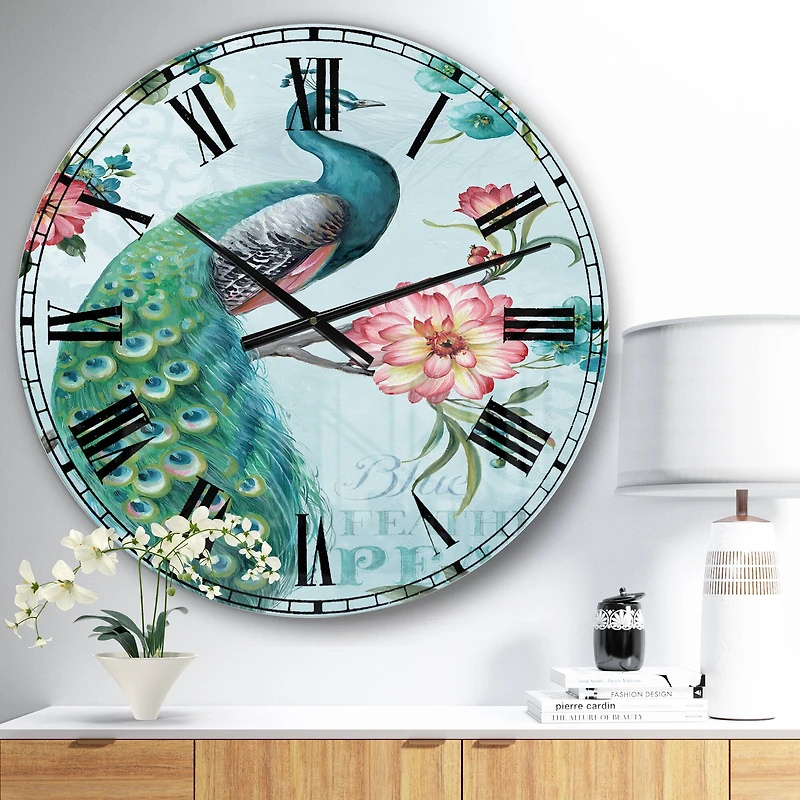 Designart 'Handpainted Peacock Traditional Wall Clock