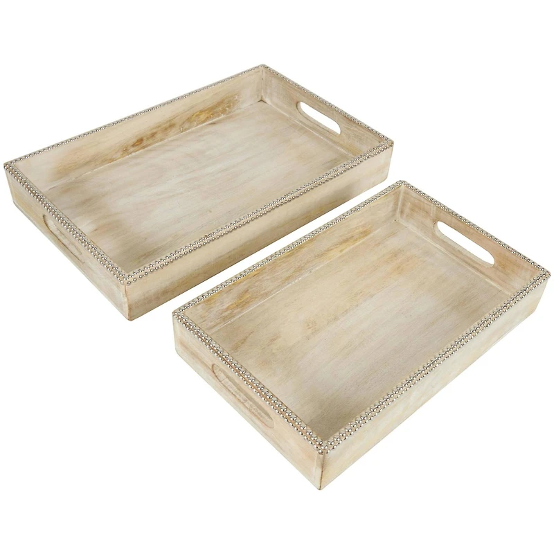 Light Brown Mango Wood Trays with Silver Beaded Rim, 2ct.