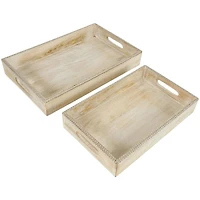 Light Brown Mango Wood Trays with Silver Beaded Rim, 2ct.