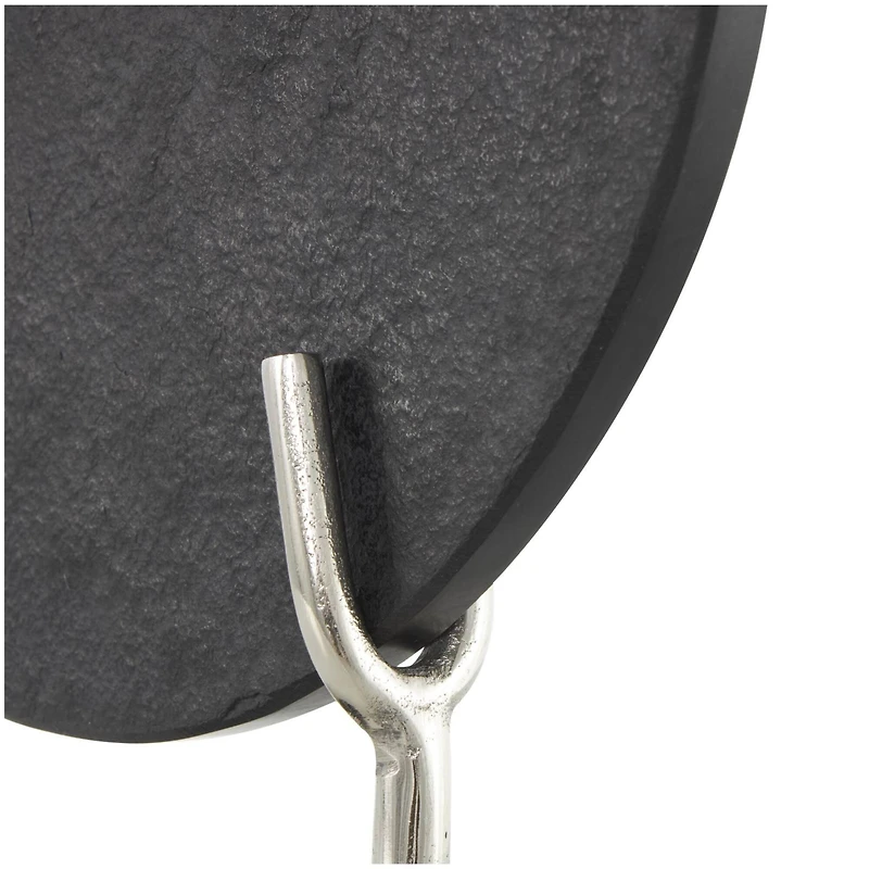 20" Black Textured Marble Disk Sculpture with Silver Metal Stand