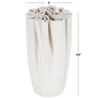 White Ceramic Abstract Ribbed Dimensional Folded Vase with Compact Wavy Rim