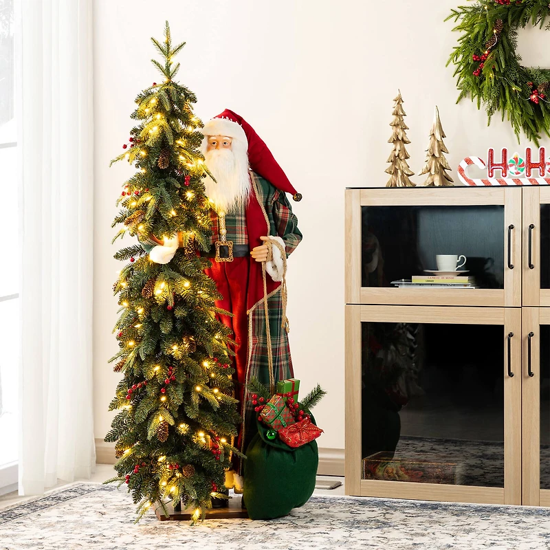 Glitzhome® 4FT Oversized Christmas Woodland Santa with 5FT Lighted Green Artificial Christmas Tree
