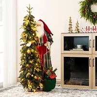 Glitzhome® 4FT Oversized Christmas Woodland Santa with 5FT Lighted Green Artificial Christmas Tree