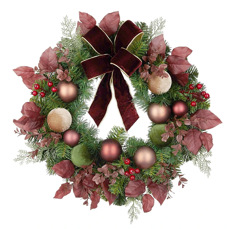24" Gilded Burgundy Bow & Pine Wreath by Ashland®