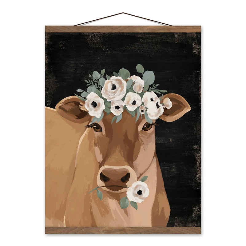 Painterly Floral Cow 16" x 20" Teak Hanging Canvas