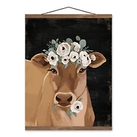 Painterly Floral Cow 16" x 20" Teak Hanging Canvas