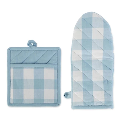 DII® Light Blue Buffalo Check Oven Mitt & Pot Holder Set