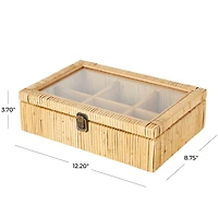 12" x 9" x 4" Brown Hand-Wrapped Rattan 6-Slot Jewelry Box with Tempered Glass Top