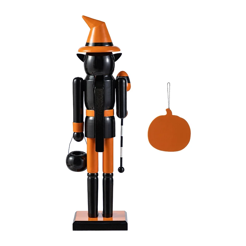 Glitzhome® 18.5"H Halloween Wooden Black Cat Nutcracker with Pumpkin Ornament