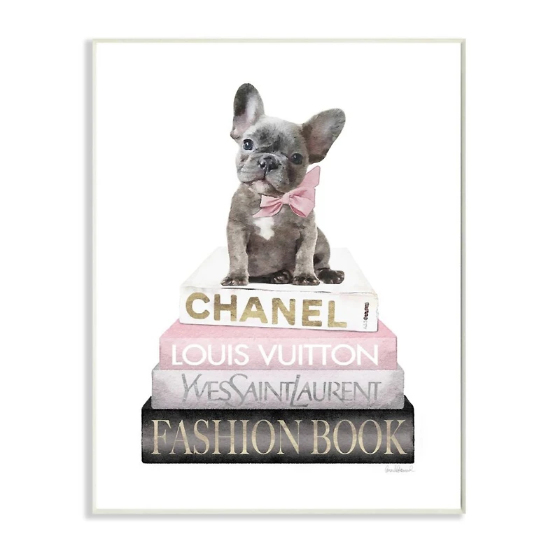 Stupell Industries Dashing French Bulldog and Iconic Fashion Bookstack Wood Wall Plaque