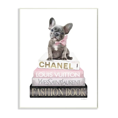 Stupell Industries Dashing French Bulldog and Iconic Fashion Bookstack Wood Wall Plaque