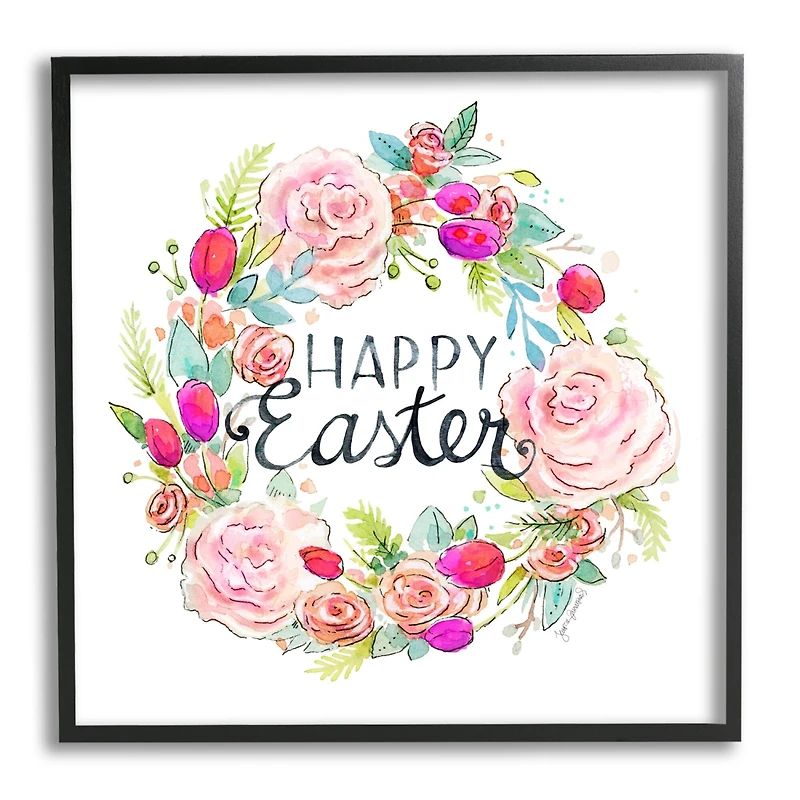 Stupell Industries Happy Easter Vivid Pink Floral Blossom Border Framed Giclee Art