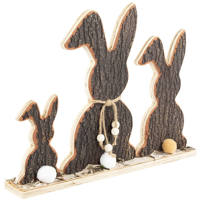 15.75" Rabbit Trio Wooden Tree Bark Easter Decoration