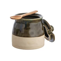 Hello Honey® 4.4" Green Stoneware Sugar Pot with Lid & Wood Spoon