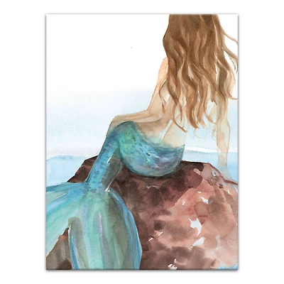 Mermaid On A Rock 12" x 16" Canvas Wall Art